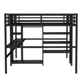 Twin Over Twin Metal Loft Bed with Double Desk, Wardrobe, Shelves and Electrical Outlet