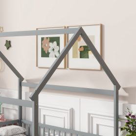 Full Size House Floor Wooden Bed With Roof Frame, Safety Guardrails