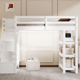 Twin Size Loft Bed with Shelves, Storage Staircase, Wardrobe and LED Light 28 Twin Size Loft Bed with Shelves, Storage Staircase, Wardrobe and LED Light