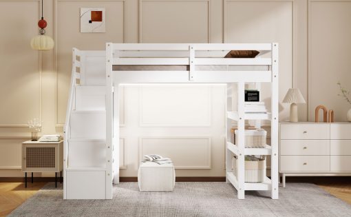 Twin Size Loft Bed with Shelves, Storage Staircase, Wardrobe and LED Light