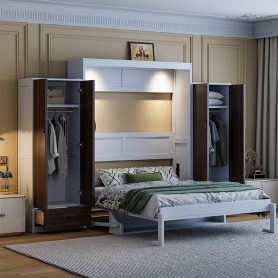 Full Size Murphy Bed Wall Bed with Closet, Drawers and Table