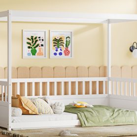 Twin Size Canopy Bed Frame With Guardrails For Kids