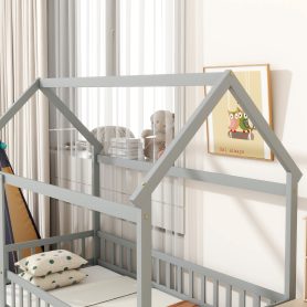 Twin Size House Floor Wooden Bed With Roof Frame, Safety Guardrails
