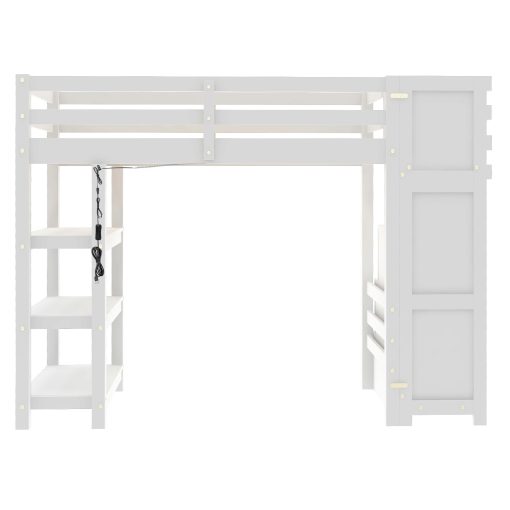 Twin Size Loft Bed with Shelves, Storage Staircase, Wardrobe and LED Light