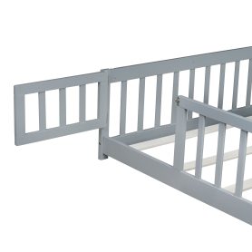 Rubber Wood Queen Size Floor Bed with Fence, Door and Safety Guardrails