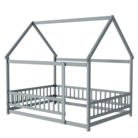 Full Size House Floor Wooden Bed With Roof Frame, Safety Guardrails