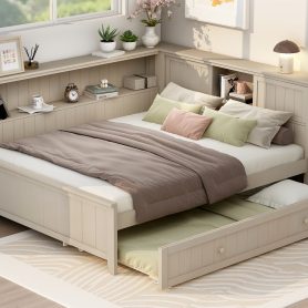 Full Size Wood Daybed with Storage Shelves and Trundle