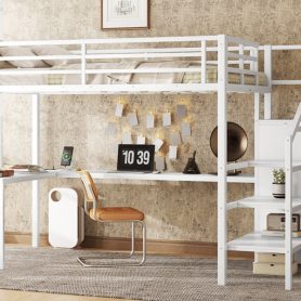 Metal Full Size Loft Bed With L-Shaped Desk, USB, Wardrobe And Adjustable Shelf