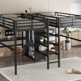 Twin Over Twin Metal Loft Bed with Double Desk, Wardrobe, Shelves and Electrical Outlet