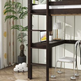 Twin Rubber Wood Loft Bed With Safety Guardrail, Built-in Desk, Ladder