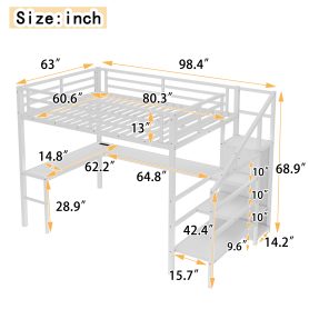 Metal Queen Size High Loft Bed with L-shaped Desk, USB, Wardrobe and Adjustable Shelf