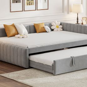 Full Size L-shaped Upholstered Daybed With Twin Size Pop Up Trundle