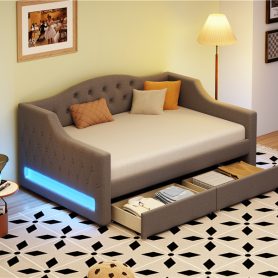 Upholstered Twin XL Size Daybed with LED Belt and 2 Drawers