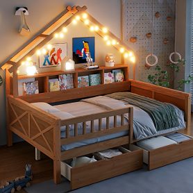 Wood Full Size House Platform Beds With Led, Storage Shelves, Drawers And Guardrail 28 Wood Full Size House Platform Beds With Led, Storage Shelves, Drawers And Guardrail