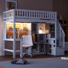 Wood Twin Size Loft Bed with Built-in Desk, LED, Storage Shelves, Cabinets and Staircase