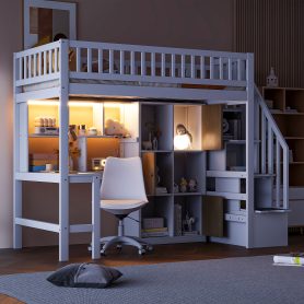 Wood Twin Size Loft Bed with Built-in Desk, LED, Storage Shelves, Cabinets and Staircase