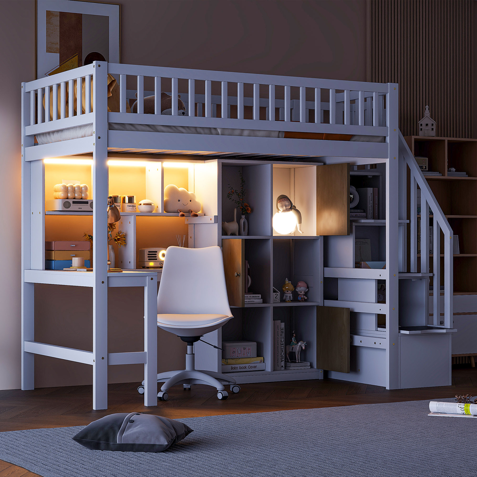 Wood Twin Size Loft Bed with Built-in Desk, LED, Storage Shelves, Cabinets and Staircase 3 Wood Twin Size Loft Bed with Built-in Desk, LED, Storage Shelves, Cabinets and Staircase