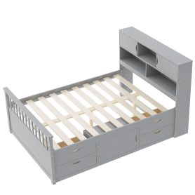 Full Size Captain Platform Bed Frame With Storage Bookcases, Shelves And Four Drawers