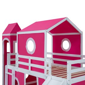 Twin Size Loft Bed with Slide Pink Tent and Tower