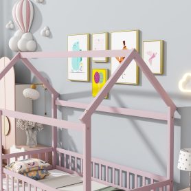 Wooden Twin Size House Floor Bed With Roof Frame, Safety Guardrails