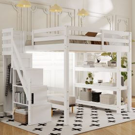 Full Size Loft Bed with Shelves, Storage Staircase, Wardrobe and LED Light