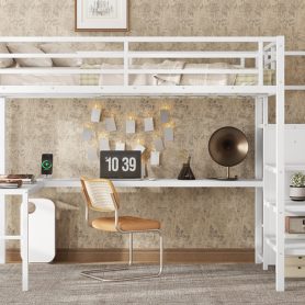 Metal Full Size Loft Bed With L-Shaped Desk, USB, Wardrobe And Adjustable Shelf
