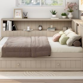 Full Size Wood Daybed with Storage Shelves and Trundle