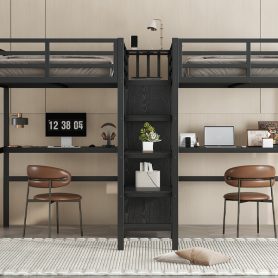 Twin Over Twin Metal Loft Bed with Double Desk, Wardrobe, Shelves and Electrical Outlet