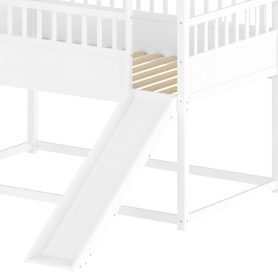 Wooden Twin Over Twin Floor Bunk Bed With Safety Guardrail, Convertible Slide And Ladder