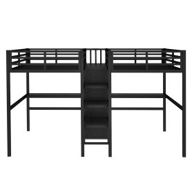 Twin Over Twin Metal Loft Bed with Double Desk, Wardrobe, Shelves and Electrical Outlet