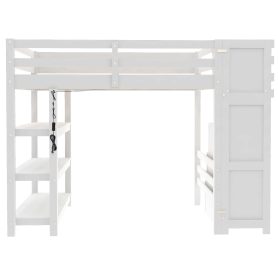 Full Size Loft Bed with Shelves, Storage Staircase, Wardrobe and LED Light