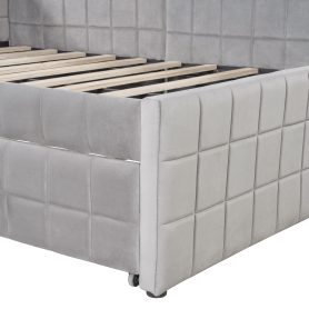 Full Size L-Shaped Upholstered Daybed with Twin Size Pop Up Trundle and USB ports