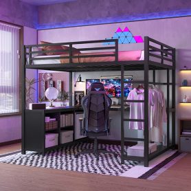 Full Size Loft Bed with Wardrobe, L-shaped Desk, Storage Cubes and Shelves
