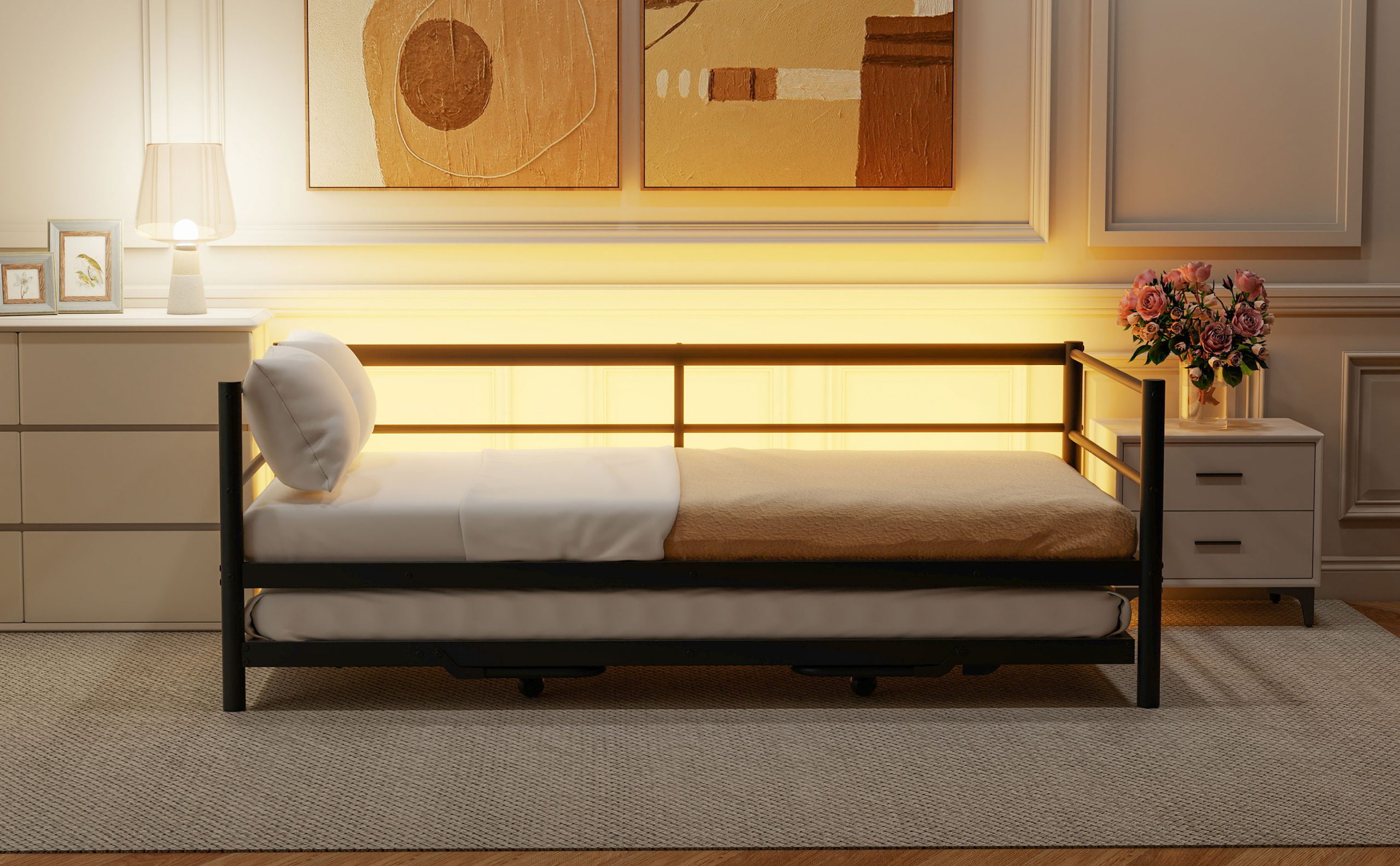 Twin Size Metal Daybed with LED and Adjustable Trundle 7 Twin Size Metal Daybed with LED and Adjustable Trundle