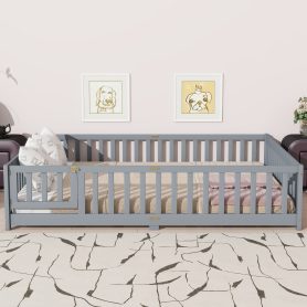 Rubber Wood Queen Size Floor Bed with Fence, Door and Safety Guardrails