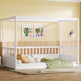 Twin Size Canopy Bed Frame With Guardrails For Kids