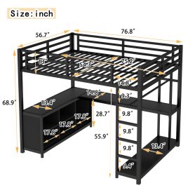 Full Size Loft Bed with Wardrobe, L-shaped Desk, Storage Cubes and Shelves