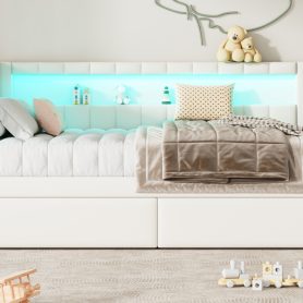Upholstered Twin Size Platform Bed with USB Ports, 2 Drawers and LED Belt