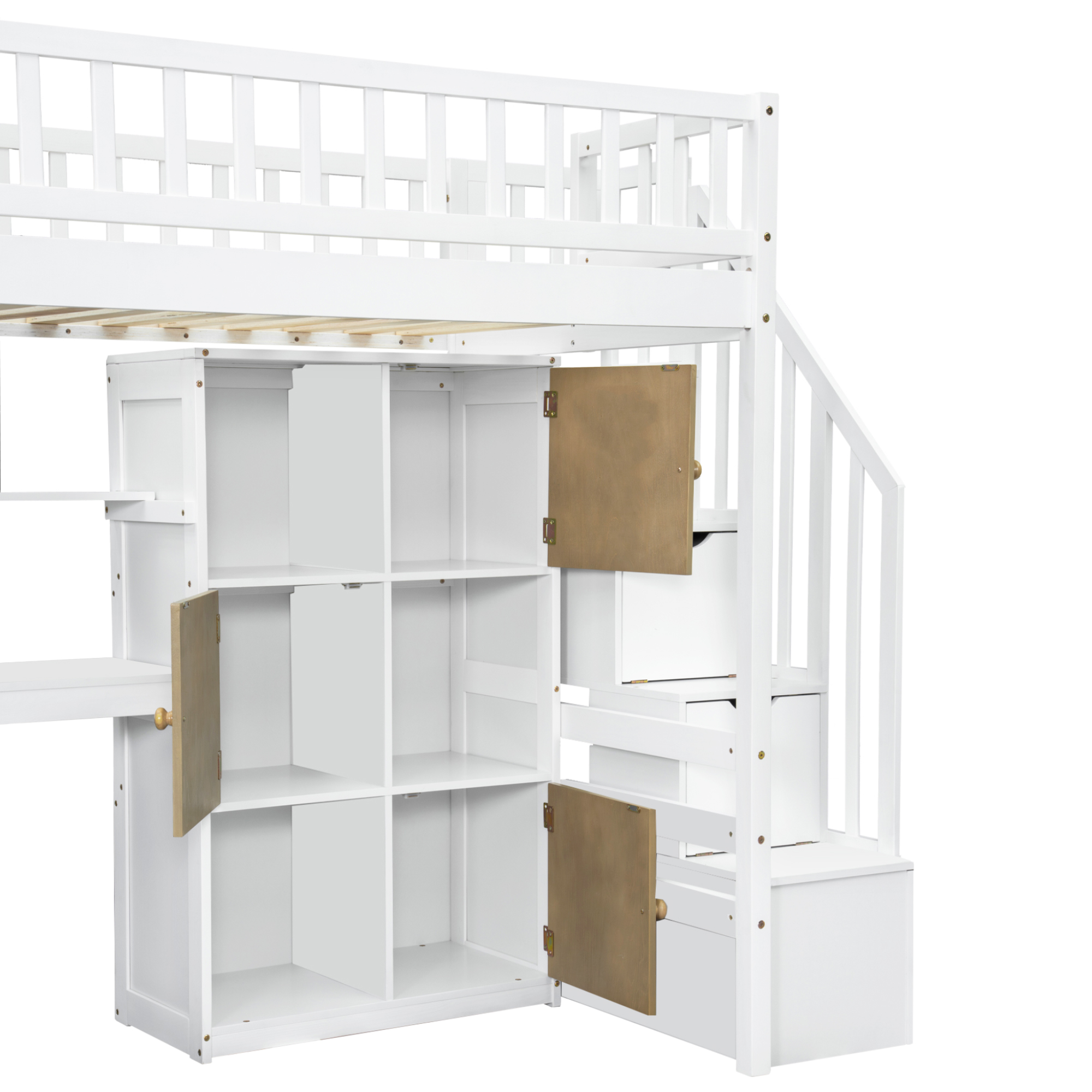 Wood Twin Size Loft Bed with Built-in Desk, LED, Storage Shelves, Cabinets and Staircase 15 Wood Twin Size Loft Bed with Built-in Desk, LED, Storage Shelves, Cabinets and Staircase