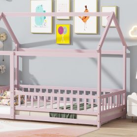 Wooden Twin Size House Floor Bed With Roof Frame, Safety Guardrails