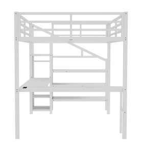Metal Queen Size High Loft Bed with L-shaped Desk, USB, Wardrobe and Adjustable Shelf