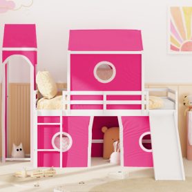 Twin Size Loft Bed with Slide Pink Tent and Tower