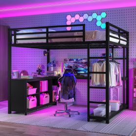 Queen Size Loft Bed with Wardrobe, L-shaped Desk, Storage Cubes and Shelves