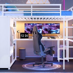 Metal Queen Size Loft Bed Frame With Built-in Wardrobe, Desk And Storage Shelves