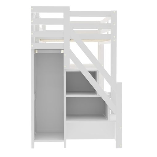 Twin Size Loft Bed with Shelves, Storage Staircase, Wardrobe and LED Light