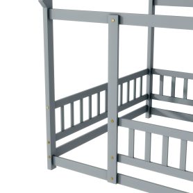 Full Size House Floor Wooden Bed With Roof Frame, Safety Guardrails