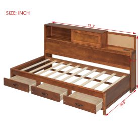 Wooden Twin Size Daybed with 3 Storage Drawers, Upper Soft Board, Shelf, and a Set of Sockets and USB Ports