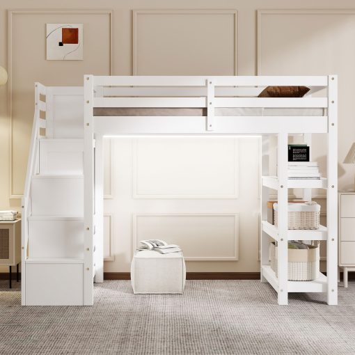 Twin Size Loft Bed with Shelves, Storage Staircase, Wardrobe and LED Light