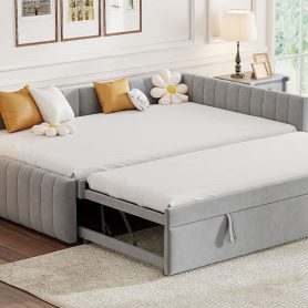 Full Size L-shaped Upholstered Daybed With Twin Size Pop Up Trundle
