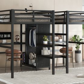 Twin Over Twin Metal Loft Bed with Double Desk, Wardrobe, Shelves and Electrical Outlet